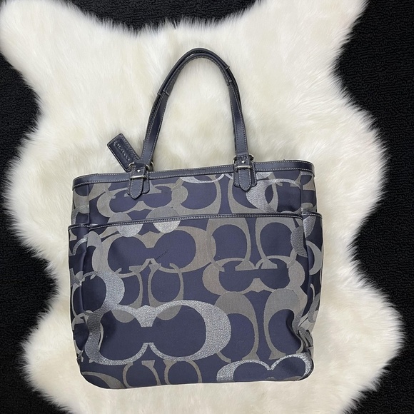 Coach Tote Bag Womens Large Blue Silver Signature F19675 Optic Art Purse Handbag - Picture 2 of 16